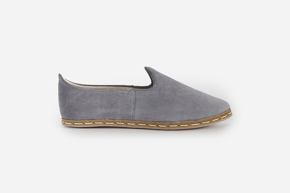 Chic Mist Grey loafers for women, handmade from soft suede with a stylish, handmade design.