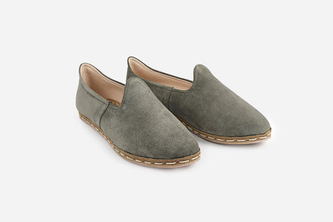 Elegant handmade suede loafers in Sage Green for women, featuring a subtle, refined color and meticulous craftsmanship.